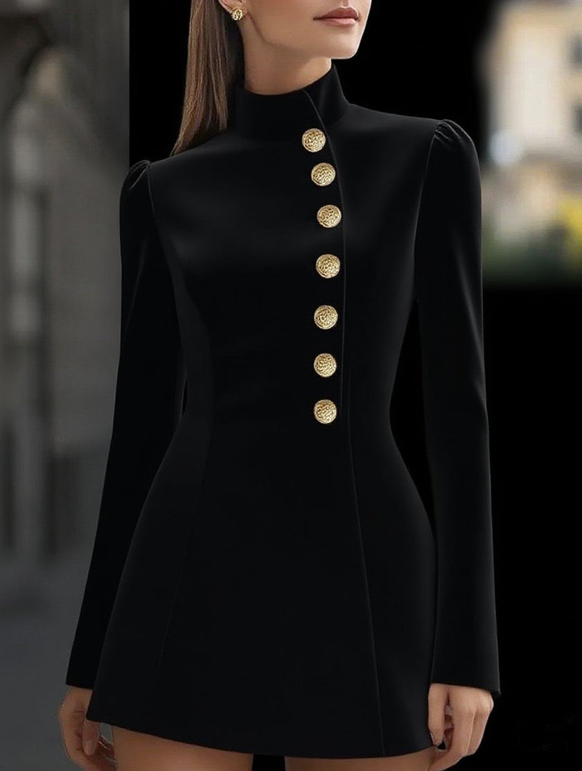 FJØRNA slim-fit white dress with stand-up collar and single-breasted design, shown from the back in this image.