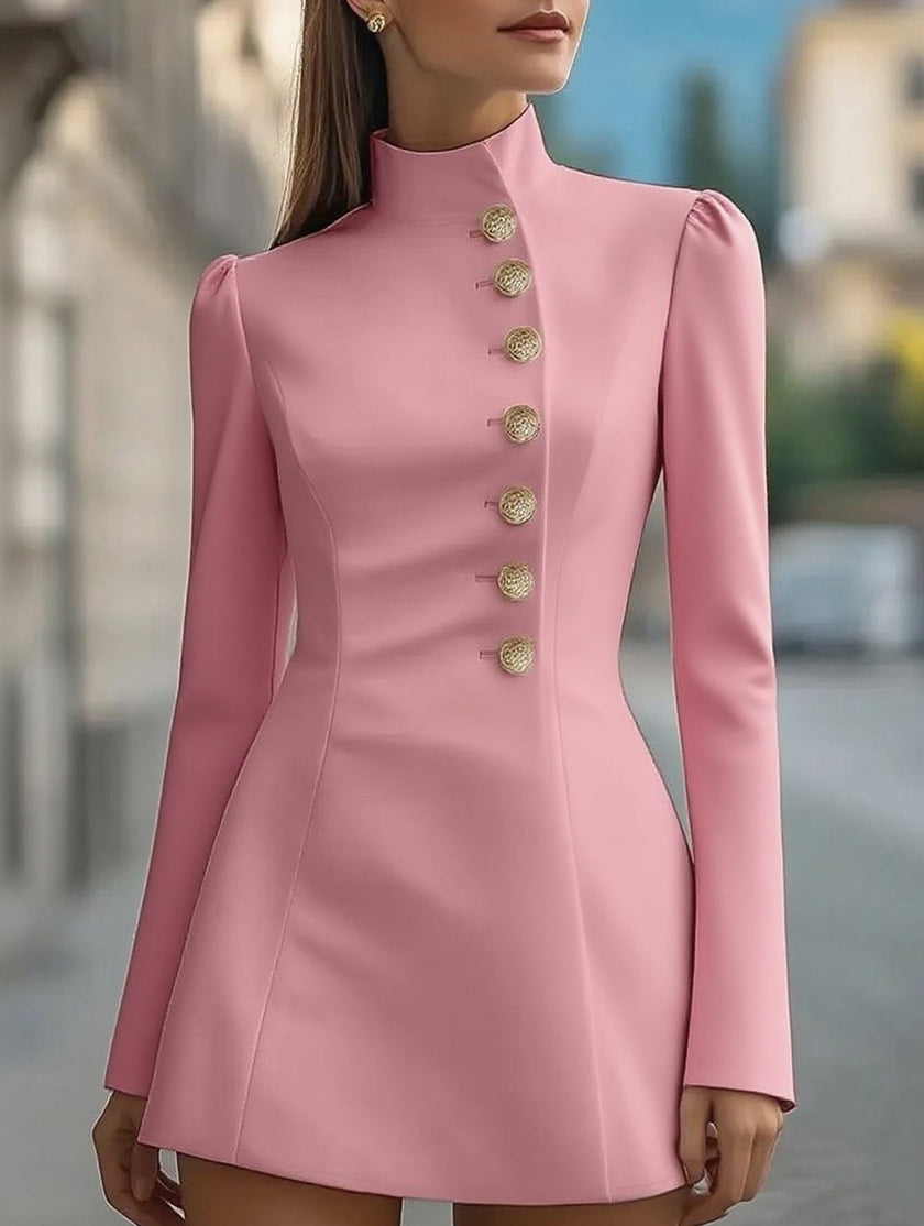 FJØRNA white slim-fit stand-up collar single-breasted dress displayed on a hanger, showcasing its elegant design and tailored fit.