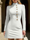White FJØRNA slim-fit stand-up collar single-breasted dress displayed on a hanger, showcasing its tailored design and clean lines.