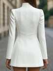 White slim-fit FJØRNA dress with stand-up collar and single-breasted design, perfect for elegant occasions.