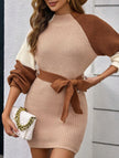 Brown casual patchwork slim waist loose short dress by FJØRNA, featuring a relaxed fit and stylish design for casual or wedding wear.