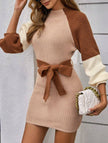 Brown casual patchwork slim waist loose short dress by FJØRNA, featuring a relaxed fit and stylish design for casual occasions.