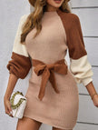 FJØRNA casual patchwork slim waist loose short dress in brown, perfect for casual or wedding occasions, featuring a stylish design.