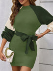 Green FJØRNA casual patchwork slim waist loose short dress, ideal for casual wear or weddings, featuring a stylish, relaxed fit.