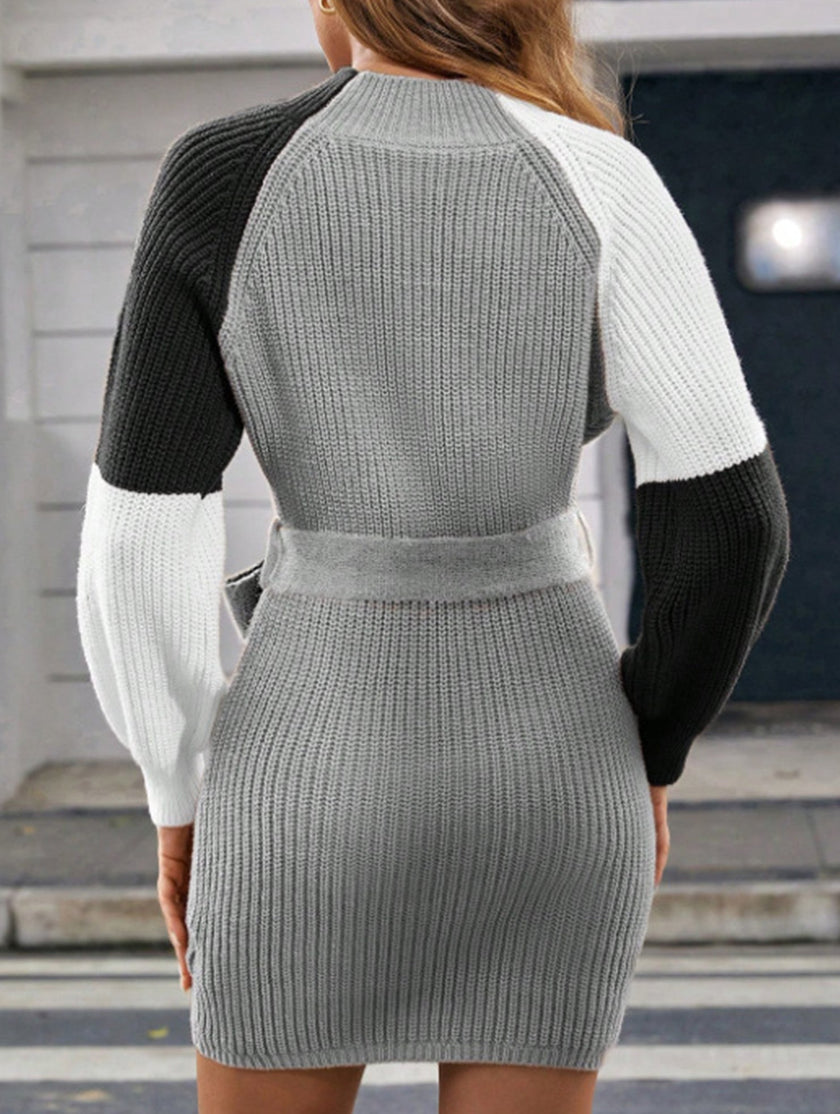 FJØRNA casual patchwork slim waist loose short dress in grey, perfect for casual or wedding occasions, featuring a relaxed fit and stylish design.