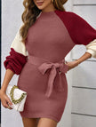Purple FJØRNA casual patchwork slim waist loose short dress, ideal for casual or wedding occasions, shown on a model.