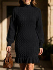 Black FJØRNA cable knit waist-cinching sweater dress with a fitted silhouette and stylish design, perfect for casual or dressy occasions.