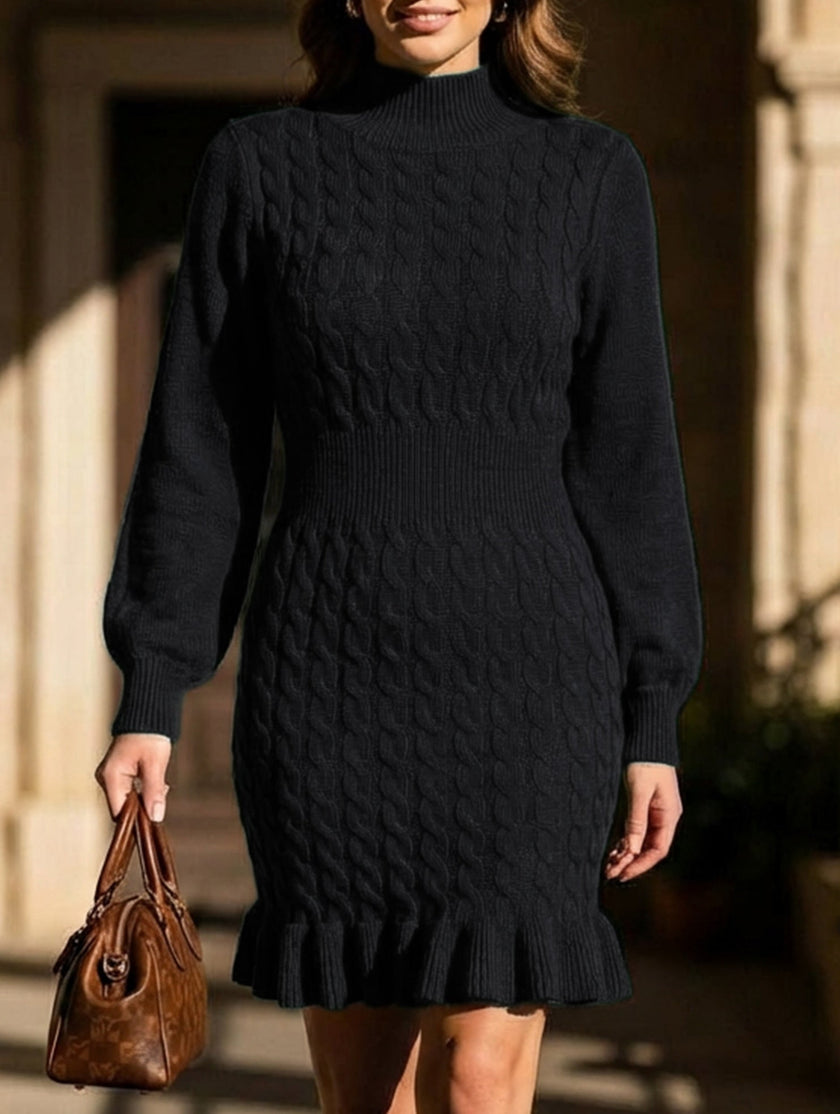 Black FJØRNA cable knit waist-cinching sweater dress with a fitted silhouette and stylish design, perfect for casual or dressy occasions.