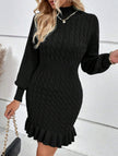 Black cable knit waist-cinching sweater dress by FJØRNA, featuring a stylish and form-fitting design with long sleeves.