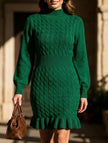 FJØRNA white cable knit waist-cinching sweater dress, stylish and cozy, shown on a model with a fitted silhouette.
