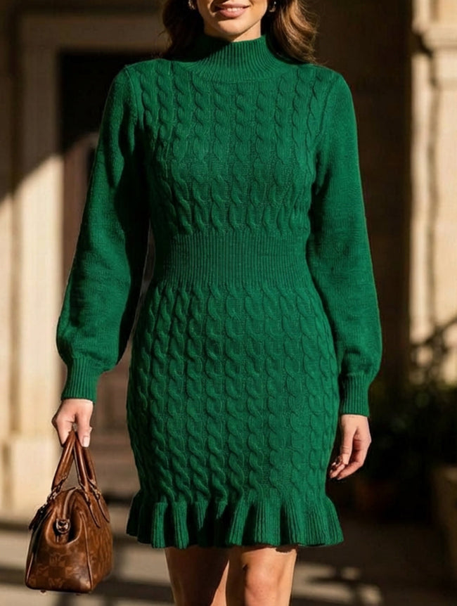 FJØRNA white cable knit waist-cinching sweater dress, stylish and cozy, shown on a model with a fitted silhouette.