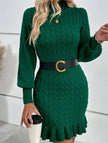 Green FJØRNA cable knit waist-cinching sweater dress, stylish and cozy, featuring a fitted waist and classic cable knit pattern.