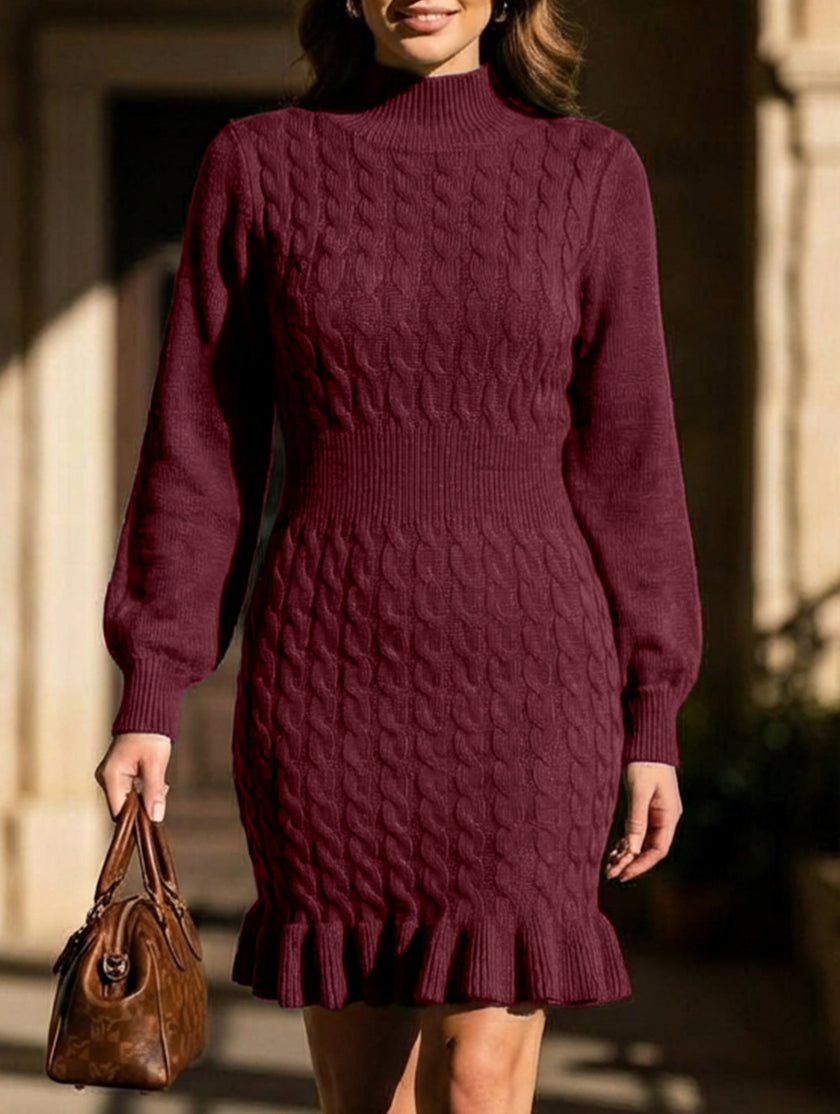 FJØRNA cable knit waist-cinching sweater dress in white, featuring a stylish and cozy design perfect for casual or dressy occasions.