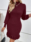White cable knit waist-cinching sweater dress by FJØRNA, featuring a fitted silhouette and cozy knit texture.