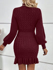 White cable knit waist-cinching sweater dress by FJØRNA, featuring a stylish fit and cozy texture, perfect for casual or dressy occasions.