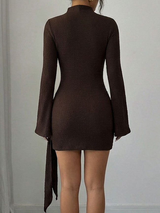 Dark brown solid color slim fit metal buckle dress by FJØRNA, featuring a sleek design and elegant fit.