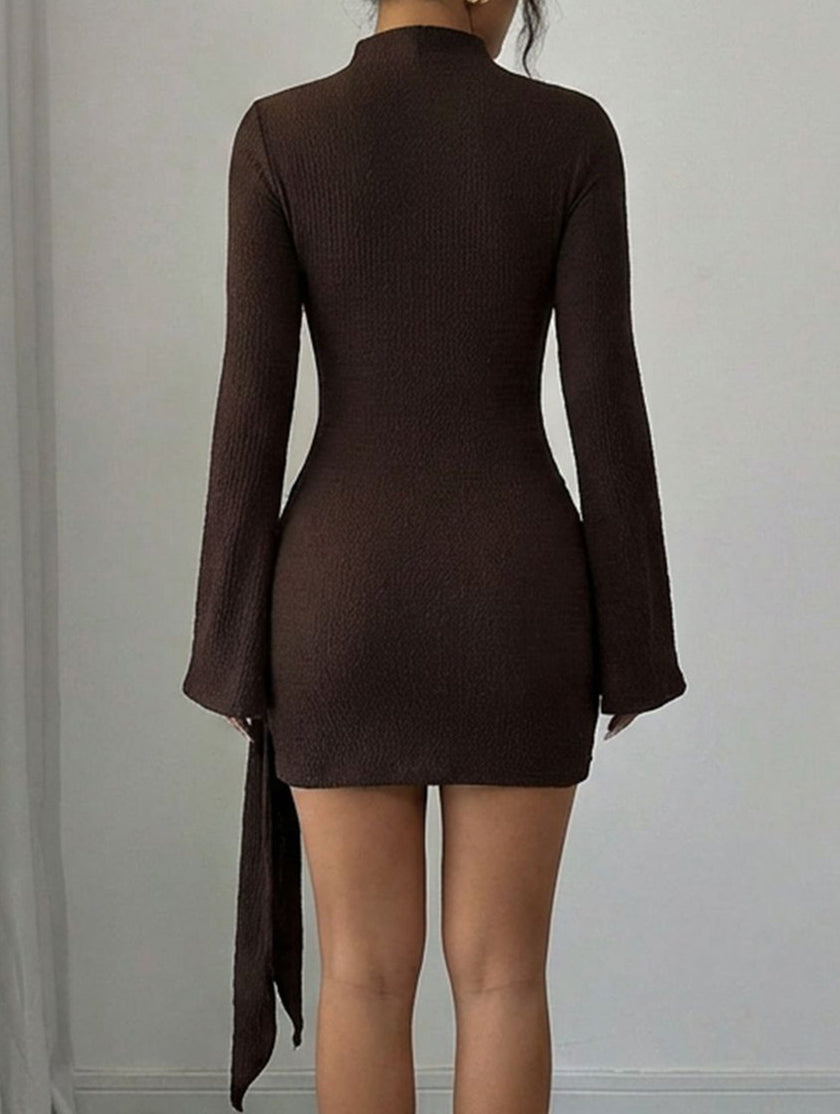 Dark brown solid color slim fit metal buckle dress by FJØRNA, featuring a sleek design and elegant fit.