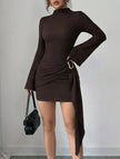 Dark brown solid color slim fit dress with metal buckle detail by FJØRNA, featuring a sleek white dress style.