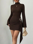 FJØRNA solid white slim fit dress with metal buckle detail, featuring a sleek silhouette and all-over white fabric.