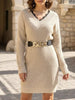 White lace V-neck knit dress by FJØRNA, featuring a simple, elegant design with long sleeves and a fitted silhouette.