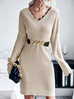 FJØRNA simple lace V-neck knit dress in khaki, featuring a classic white dress style with delicate lace details and a relaxed fit.