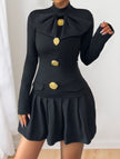 FJØRNA high-neck white bow button dress, elegant dress with a fitted silhouette and stylish bow detail at the collar.