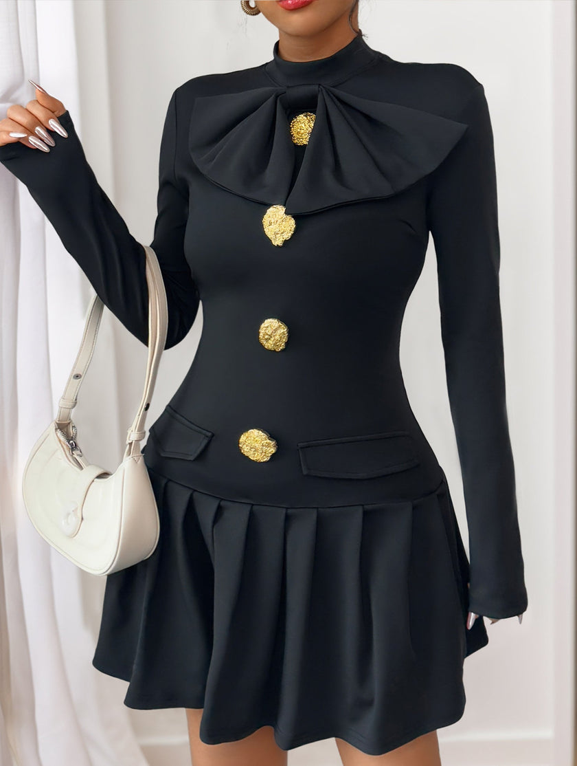 FJØRNA high-neck white dress with bow button detail, elegant and stylish, featuring a fitted silhouette and classic design.
