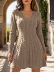 FJØRNA white cable knit V-neck fitted dress with retro style, long sleeves and ribbed hem, casual and elegant for women