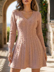 FJØRNA retro white cable knit V-neck fitted dress, stylish and cozy, displayed on a mannequin.
