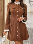 FJØRNA high-neck single-breasted white cardigan dress, front view showing long sleeves and elegant design.