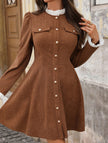 White high-neck single-breasted cardigan dress by FJØRNA, featuring a stylish, fitted design with long sleeves and button closure.