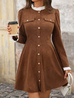 White high-neck single-breasted cardigan dress by FJØRNA, featuring a fitted silhouette and long sleeves.