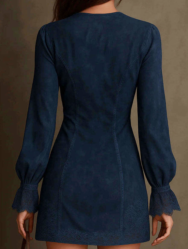 White long-sleeved zippered lace midi dress by FJØRNA, featuring a fitted silhouette and elegant design.