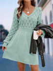 Light blue crochet V-neck A-line beach dress by FJØRNA, featuring a relaxed fit and lightweight, breathable fabric perfect for summer.