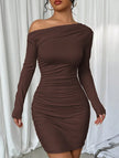 White one-shoulder long sleeve bodycon dress by FJØRNA, featuring a fitted silhouette and elegant design.