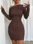 White one-shoulder long sleeve bodycon dress by FJØRNA, featuring sleek fit and stylish design for elegant occasions.
