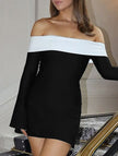 White off-shoulder bell sleeve dress by FJØRNA, featuring flowing fabric and stylish bell sleeves, perfect for elegant occasions.