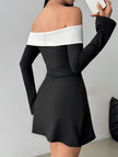 FJØRNA white off-shoulder dress with bell sleeves, elegant and flowy, perfect for casual or semi-formal occasions.