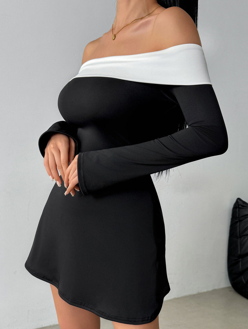 FJØRNA white off-shoulder bell sleeve dress, stylish women’s dress with flowing sleeves and elegant design, perfect for special occasions