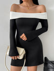 FJØRNA off-shoulder black bell sleeve dress shown on a model, featuring a fitted bodice and flowing sleeves for a stylish look.