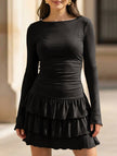 FJØRNA white waist cinched ruffle long sleeve work dress, stylish and elegant with a fitted silhouette and ruffle details.