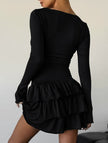 FJØRNA white waist cinched ruffle long sleeve work dress, elegant and stylish, featuring a fitted waist and ruffle details.