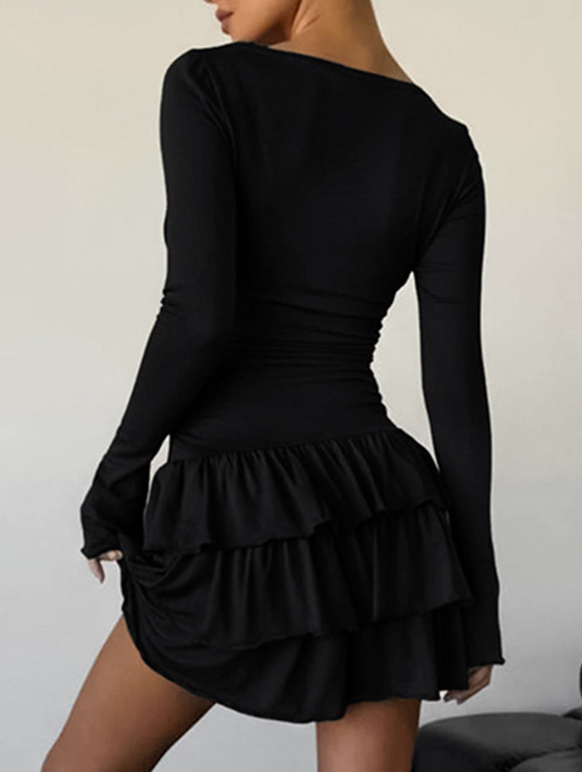 FJØRNA white waist cinched ruffle long sleeve work dress, elegant and stylish, featuring a fitted waist and ruffle details.