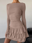 White waist cinched ruffle long sleeve work dress by FJØRNA, featuring a flattering silhouette and elegant design.