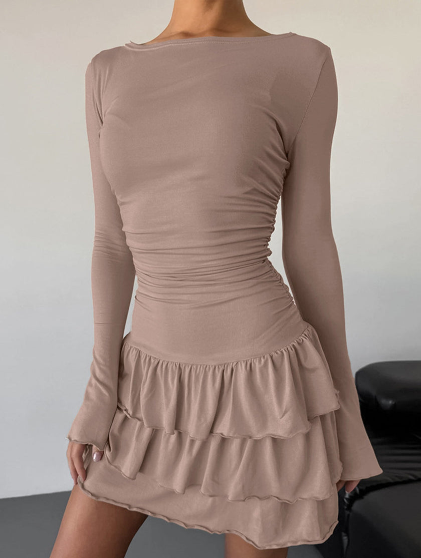 White waist cinched ruffle long sleeve work dress by FJØRNA, featuring a flattering silhouette and elegant design.