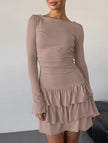 White waist cinched ruffle long sleeve work dress by FJØRNA, featuring a flattering fit and elegant ruffle details.