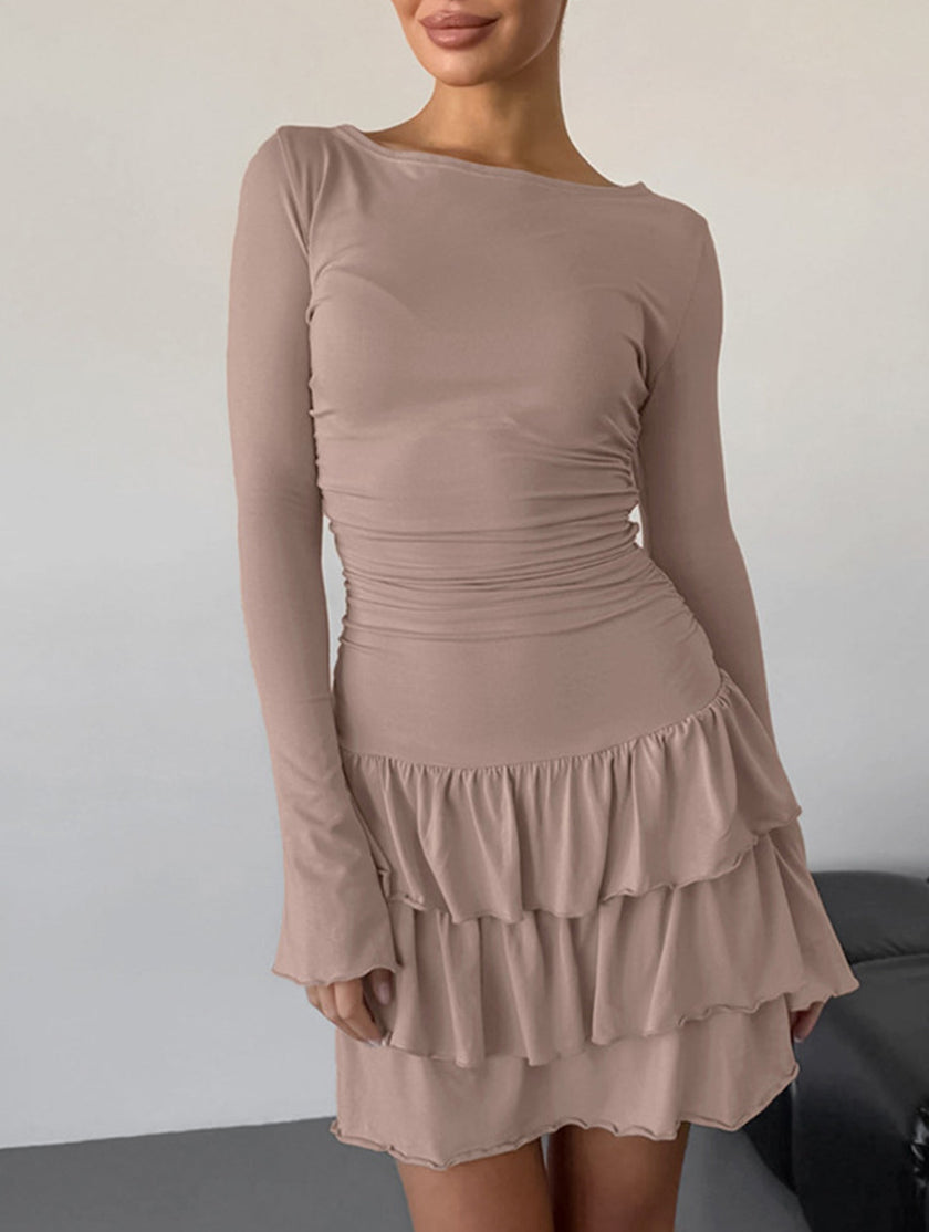 White waist cinched ruffle long sleeve work dress by FJØRNA, featuring a flattering fit and elegant ruffle details.