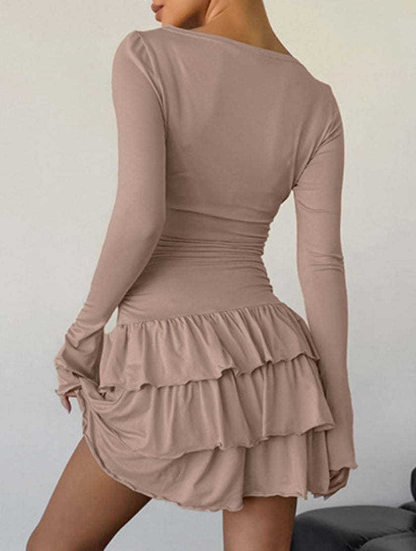 FJØRNA white waist cinched ruffle long sleeve work dress, stylish and elegant for professional or casual occasions.
