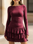 White waist cinched ruffle long sleeve work dress by FJØRNA, featuring a stylish silhouette and elegant ruffle details.