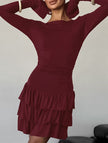 White waist cinched ruffle long sleeve work dress by FJØRNA, featuring a flattering fit and elegant ruffle details.